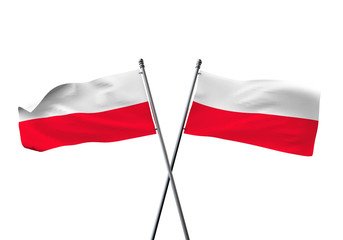Poland flags crossed isolated on a white background. 3D Rendering