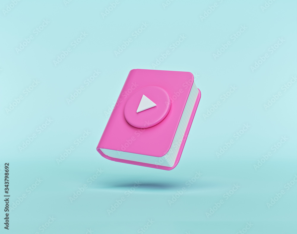 Fototapete audiobook concept. book with play button isolated on pastel blue background. minimal style. 3d rende