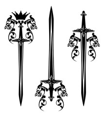 knight sword with royal crown and rose flowers - medieval style black and white vector design set