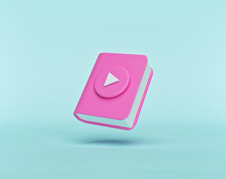 Audiobook concept. book with play button isolated on pastel blue background. minimal style. 3d rendering