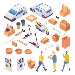 Food and fastfood delivery isometric. Car or van, package set, couriers in different poses. Vibrant set good for contactless service