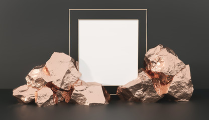 Blank frame picture for invitation poster. Stone and Rock ore shape base. Dark 3d background illustration. Gold foil gemstones for brand product exhibition. Mockup template for ads design. 