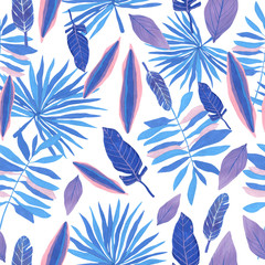 Seamless pattern with tropical gouache leaves in blue and pink colors. High quality hand-drawn