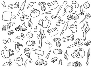 seamless doodle pattern of kitchen ware and asian ingredients isolated on white background. © Malinee