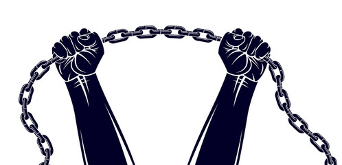 Strong hand clenched fist fighting for freedom against chain slavery theme illustration, vector logo or tattoo, getting free, struggle for liberty.