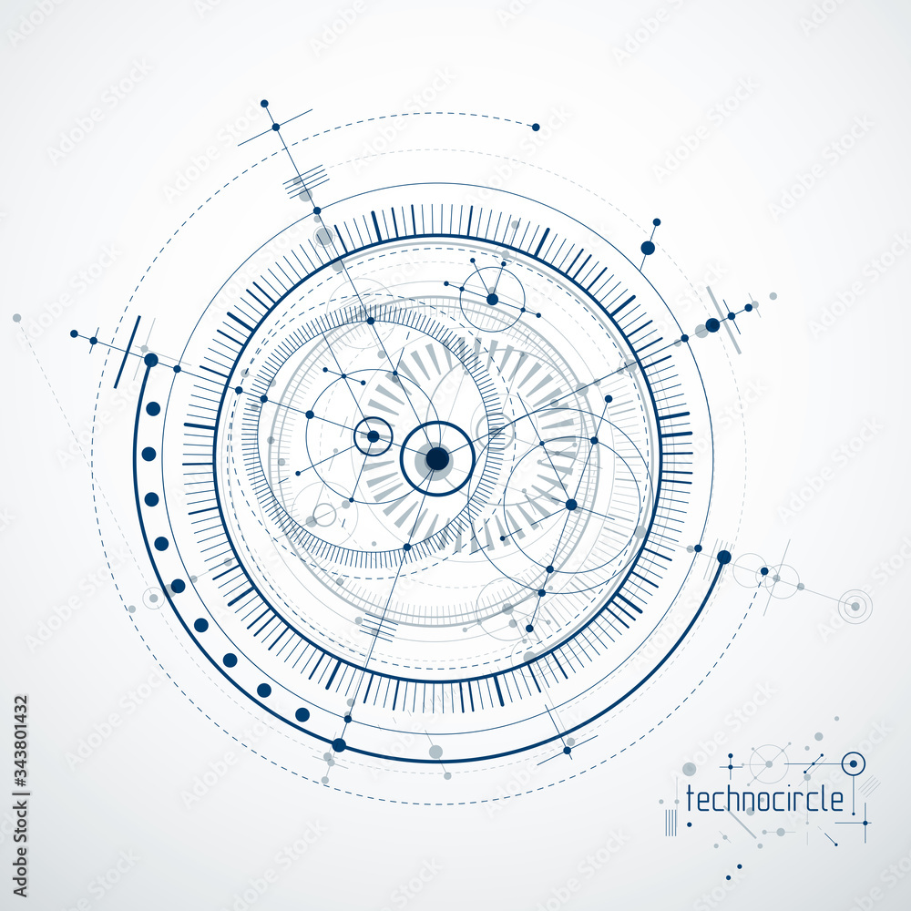 Poster mechanical scheme, vector engineering drawing with circles and geometric parts of mechanism. technic