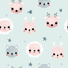 Seamless pattern with cute animals and stars. Vector hand drawn illustration.