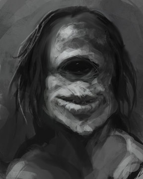 Digital portrait painting of cyclops with black eye and long hair mugging for the camera - digital fantasy illustration