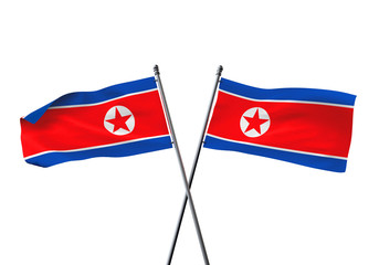 North Korea flags crossed isolated on a white background. 3D Rendering