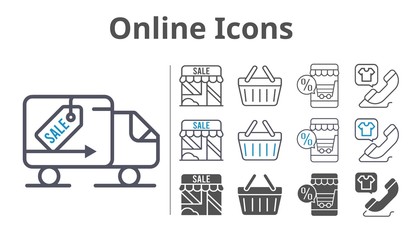 online icons icon set included online shop, shop, phone call, shopping-basket, delivery truck, shopping basket icons