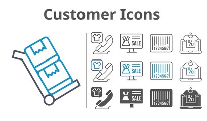customer icons icon set included online shop, phone call, barcode, trolley icons