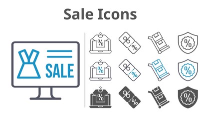 sale icons icon set included online shop, discount, warranty, trolley icons