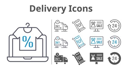 delivery icons icon set included online shop, 24-hours, delivery truck, trolley icons