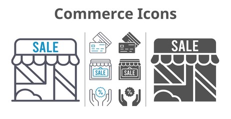 commerce icons icon set included shop, discount, credit card icons