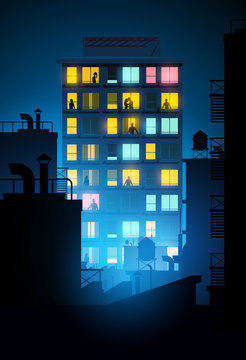 A Large Block Of Apartments With People Inside Looking Out Of The Windows At Night. Vector Illustration.