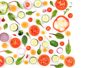 Fresh summer vegetables, a flat lay on a white background, vibrant food pattern, shot from the top with a place for text, a design template