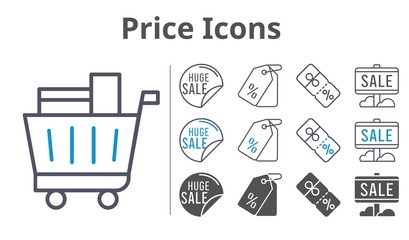 price icons icon set included sale, price tag, shopping cart, discount icons