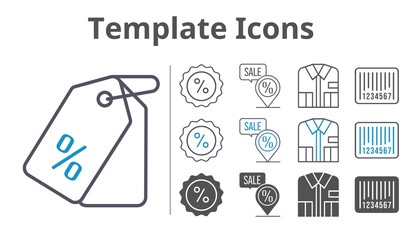 template icons icon set included shirt, price tag, discount, placeholder, barcode icons