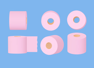 Set of pink toilet paper rolls on a blue background. 3d illustration