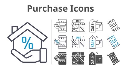 purchase icons icon set included online shop, shopping bag, mortgage, shop, trolley icons