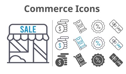 commerce icons icon set included shop, money, discount, trolley icons
