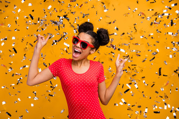 Portrait of positive cheerful afro american girl enjoy dancing in nigh lifestyle club sing...