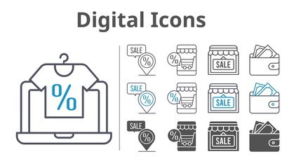 digital icons icon set included online shop, shop, wallet, placeholder icons