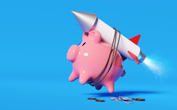 Super charging your savings. A pink piggy bank strapped to a rocket launching it into the air. Money and savings concept. 3D illustration.