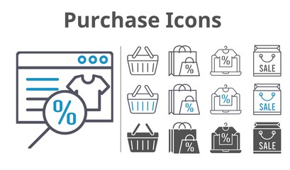 purchase icons icon set included online shop, shopping bag, shopping-basket, shopping basket icons