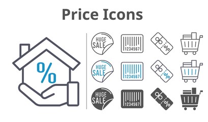 price icons icon set included sale, mortgage, shopping cart, discount, barcode icons