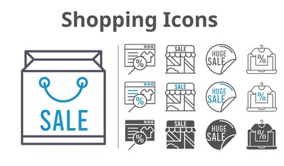 shopping icons icon set included shopping bag, online shop, sale, shop icons