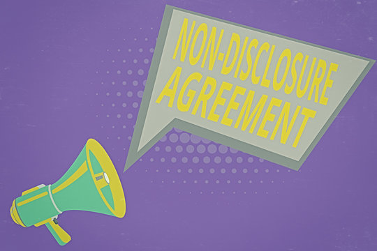 Text sign showing Non Disclosure Agreement. Business photo showcasing Legal Contract Confidential Material or Information Megaphone Loudspeaker and Blank Geometric shape Halftone Speech Bubble