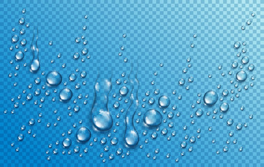 Naklejka na ściany i meble Water rain drops or condensation in shower realistic transparent 3d vector composition over transparency checker grid, easy to put over any background or use droplets separately.