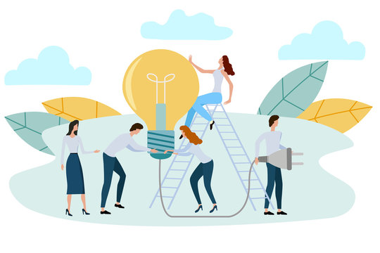 Vector illustration.Little people with a big light bulb.The concept of achieving a goal, brainstorming, birth of ideas for business.