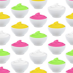 Realistic 3d Detailed White Bowls Sour Cream Seamless Pattern Background. Vector