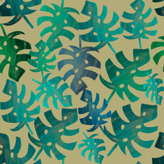 Fototapeta na wymiar seamless background with blue and green monstera leaves on beige. Summer tropical pattern. Packaging, wallpaper, textile, fabric design