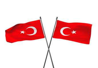 Turkey flags crossed isolated on a white background. 3D Rendering