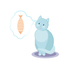 Cute cartoon blue cat dreaming about fish. Vector hand drawn illustration on white background.