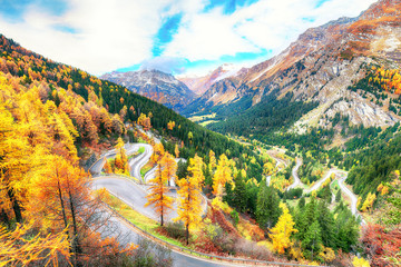 Stunning view of Maloja pass road at autumn time.