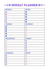 Weekly planner for diary, organiser, notebook with hearts. Printable A4 planner. Vector Illustration. .