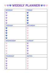 Weekly planner for diary, organiser, notebook with hearts. Printable A4 planner. Vector Illustration. .