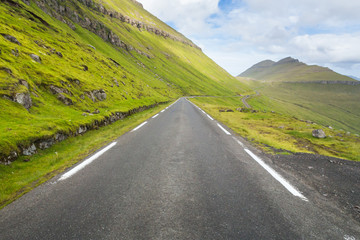 Road towards the village of Funningur at dusk, Eysturoy Island, Faroe islands 