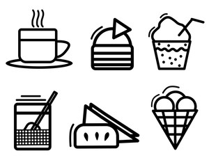food icons, vector linear illustration, napkins, desserts, tea cup, ice cream, cocktail with straw, blank, print, banner, for shop, cafe, dining room