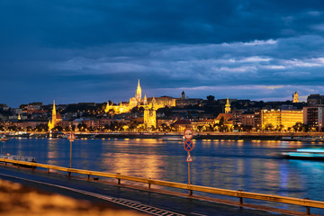 Cityscape with the Fisherman's Bastion  in Budapest at night.