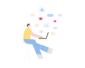 Work from home concept. A young man using laptop computer for work, chat, sending email. Smart working online. Home office workplace.