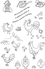 Set of vector sketches in different styles of hens, roosters and hens black outline on a white background.