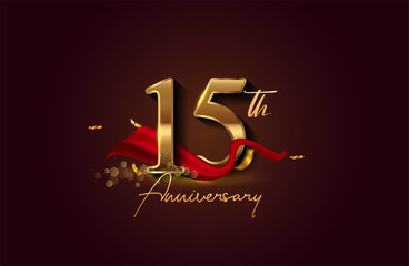 15th anniversary logo with red ribbon and golden confetti isolated on elegant background, sparkle, vector design for greeting card and invitation card.