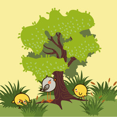 Baby Chicken And Little Bird Vector Illustration. Cute Chicks And Baby Bird Illustration.