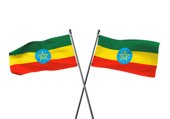 Ethiopia flags crossed isolated on a white background. 3D Rendering