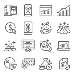 Investment symbol icon set vector illustration. Contains such icon as Gold, Portfolio, Certificate, Stock market, Growth, Finance and more. Expanded Stroke